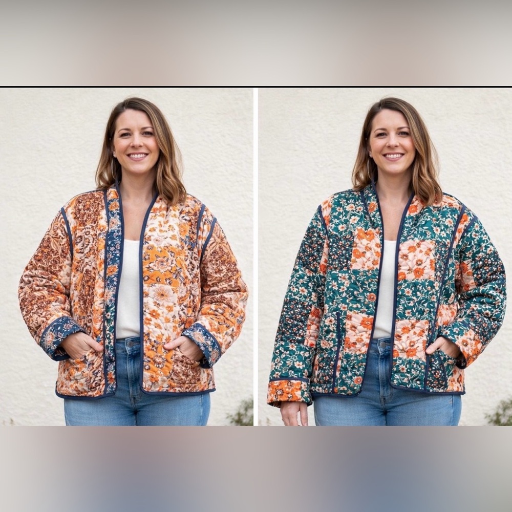 Quilted Floral Patchwork Puffer Jacket in Orange or Green